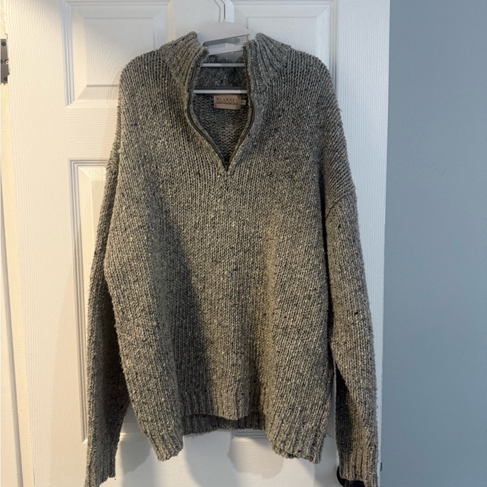 Blarney - Men's Heather Gray Zip-Up 100% Wool Sweater - XL